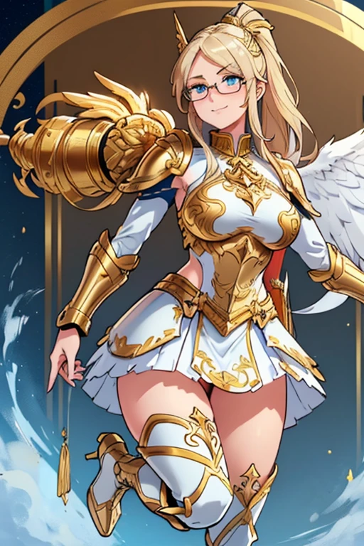 female, blonde long hair in ponytail, blue eyes, (((1girl))), (((gold metal valkyrie armor with white trim))), (white skirt), (white thigh high socks), (gold metal knee high heeled boots), (gold metal helm), (glasses), demon tail, demon wings, cute and sexy, full body, modest breasts, modest butt, long legs, smiling