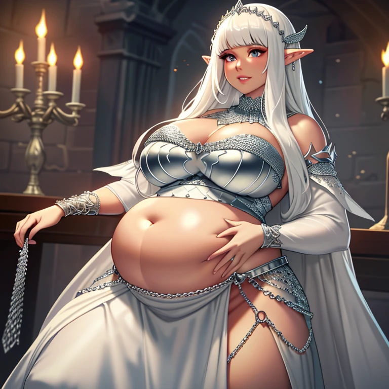 (Masterpiece), (detailed), (high res), (best quality), fat elven princess with white clothes, chainmail, big wide fat hips and lower belly, iron chainmail covering whole body, (long chainmail dress), chainmail covering her huge belly