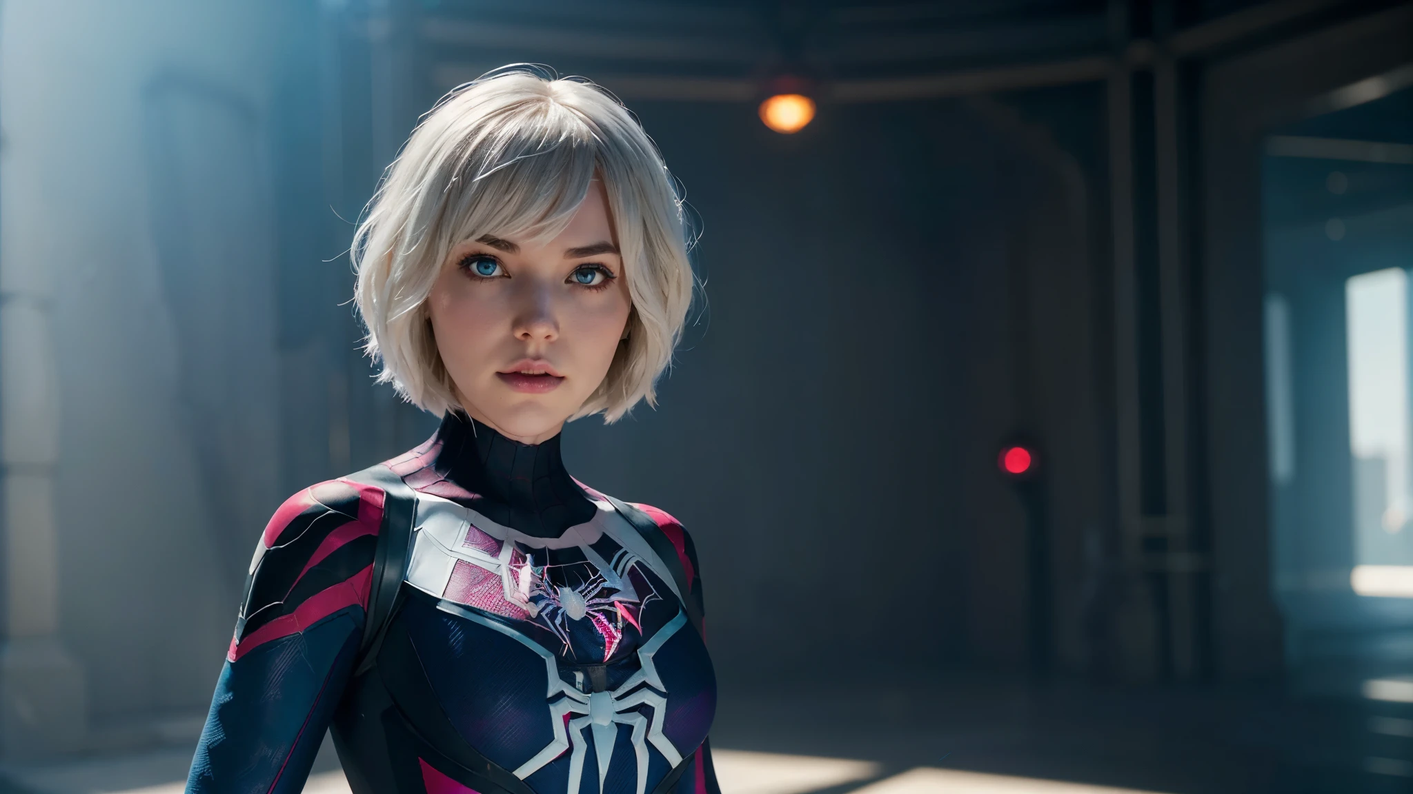 (((1 girl))), ((Spider-Gwen)), ((Spider-Gwen Outfit)), ((Spider-Gwen Haircut)), Textur, filmgrain, Hautporen, dusty atmospheric haze, Vignettierung, Falten, komplizierte Details:0.2 Intricate dramatic cinematic movie stills of a beautiful, elegant, Augenkontakt, (herablassendes, wirkliches Leben, HDR (Hoher dynamischer Bereich), Raytracing, NVIDIA RTX, super resolution, Unreal 5, selbstbewusstes Grinsen)1.2, (niedriger Winkel)1.2, Bokeh im Vordergrund, hasselblad RAW dramatisches Foto, (blue eyes)