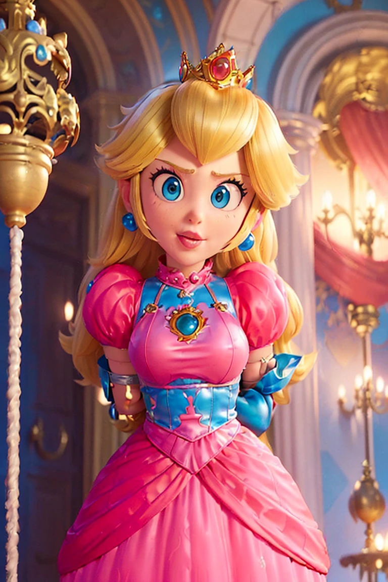 (Inside a doungeon),  A  Princess Peach wearing a beautiful hot pink dress, she is over 6 feet tall and wears a golden crown atop her blond hair and white gloves , ((full model view, full body view, complete shot)), ((she is depicted showing off her full dress)), ((peach wearing a red mask with a mouth printed on it)), (latex mask)), ((tight mask)), ((bondage, arms behind back:1.4)), suspended, chest harness, tied_breasts, ropes, rope, tied, mask_on, otn, standing, shibari, crotch_rope, crotchrope.