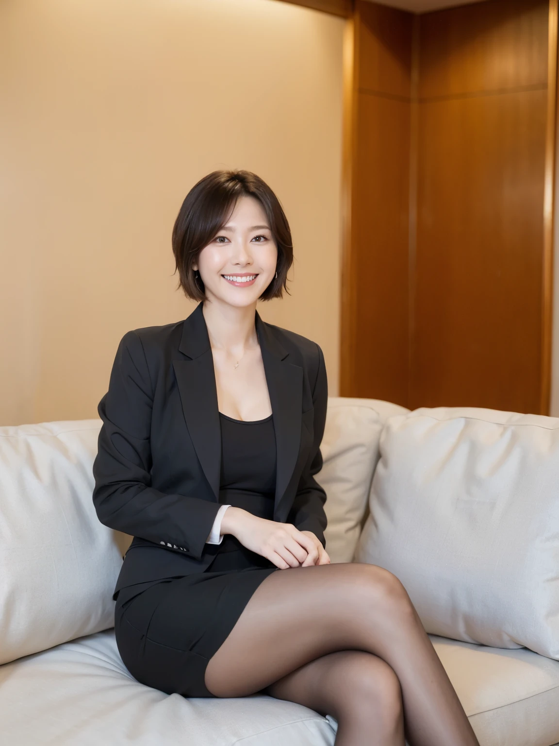 最high quality, In 8K, Masseter region, Vibrant, Sharp focus, high quality, High resolution, Detailed face, fine grain, (Looking at the audience), alone, Beautiful woman, 38 years old, (standard body type)、(D cup breasts)、(Short black hair:1.5), Cleavage、(State-of-the-art five-star hotel lobby:1.6)(Vast space、Marble floor、Large windows、Wide ceiling)、 (Sitting on a large sofa:1.6)、(White business jacket:1.6)、(red pencil skirt:1.5)、(Black pumps)、pantyhose、(smile:1.5)、(Short black hair:1.3)