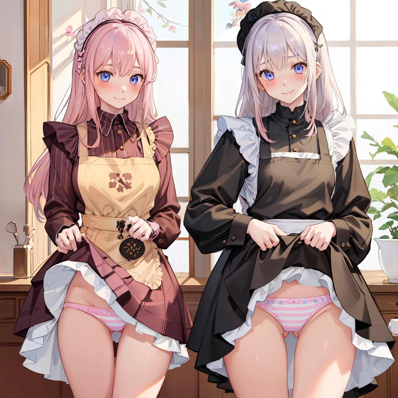 highest quality、masterpiece、((2 girls:1.5))、((smile:1.3))、(blush:1.3)、Black Shirt、blouse、((fun!!))、(Small breasts)、()、Blonde、(Long sleeve)、((White apron:1.5))、((Maid))、((hair ornaments)),、Kamimei、look at me、 ((in house:1.5))、 Taking a break from watching the audience、Cowboy Shot、(Skirt lift:1.3),(Highly detailed pink striped panties:1.3)、(Highly detailed panties:1.3)、、(スカート that rolls up:1.3)、(Panties fully exposed:1.5)、Light blue eyes、long hair、Glowing Eyes
