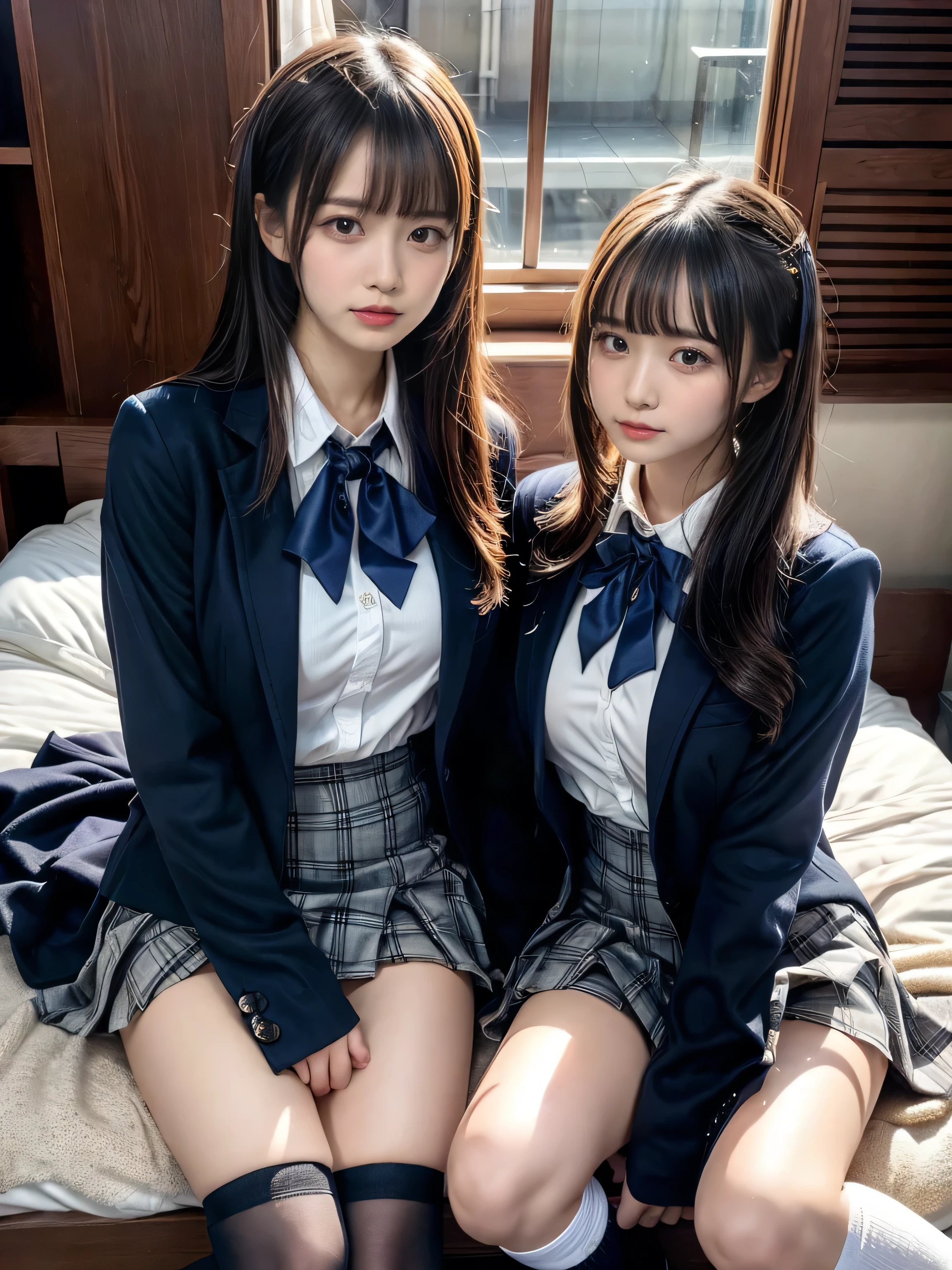 (8K, Raw photography, top-quality, ​masterpiece:1.2), muster piece, best quality, illustration, Super detailed, fine details, High resolution, 8K,wall paper, perfect dynamic composition,(Details High quality, realistic depiction of eyes:1.3), ((2 girls, 2 schoolgirls)), The background is a luxury hotel room、High school girl uniform、blazer 、Super Short Check Uniform Skirt、Navy blue high socks、garterbelts、Colossal tits、Disturbed uniform, Play with each other,Touching each other's bodies,Touching the body of the girl next door, short bob hair, black hair color, huge breasts, Big Natural Color Lip, bold sexy pose, (perfect body shape), crying a little、cold gaze, Harajuku style、Beautiful makeup,glitter makeup,Cutest 18 years old、 beautiful legs, hposing Gravure Idol, Voluptuous thighs