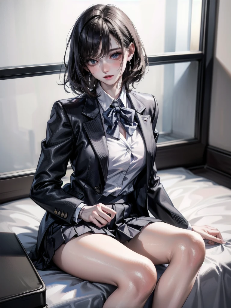 school_uniform, blazer, absurdres, RAW photo, extremely delicate and beautiful, masterpiece, Best Quality, ultra high resolution, 32k, hyperrealistic, ultra-detailed, detailed description, pale skin, 20 years old, tearful mole, earring, short medium hair, wavy hair, whole body shot,