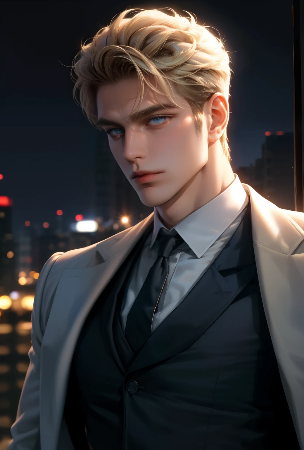 (masterpiece,best quality,ultra_detailed,highres,absurdres),1 mature male, 30-ish, (wide shoulder), (muscular), big body, male focus, solo, blue light eyes, blue light eyes color, upper body, short hair, blonde hair color, looking at viewer, flat face, parted lips, round eyewear, Masterpiece, high quality, best quality, HD, realistic, perfect lighting, detailed body, 1 man, wearing a jacket, white tie and shirt, calm expression, in the night town background,