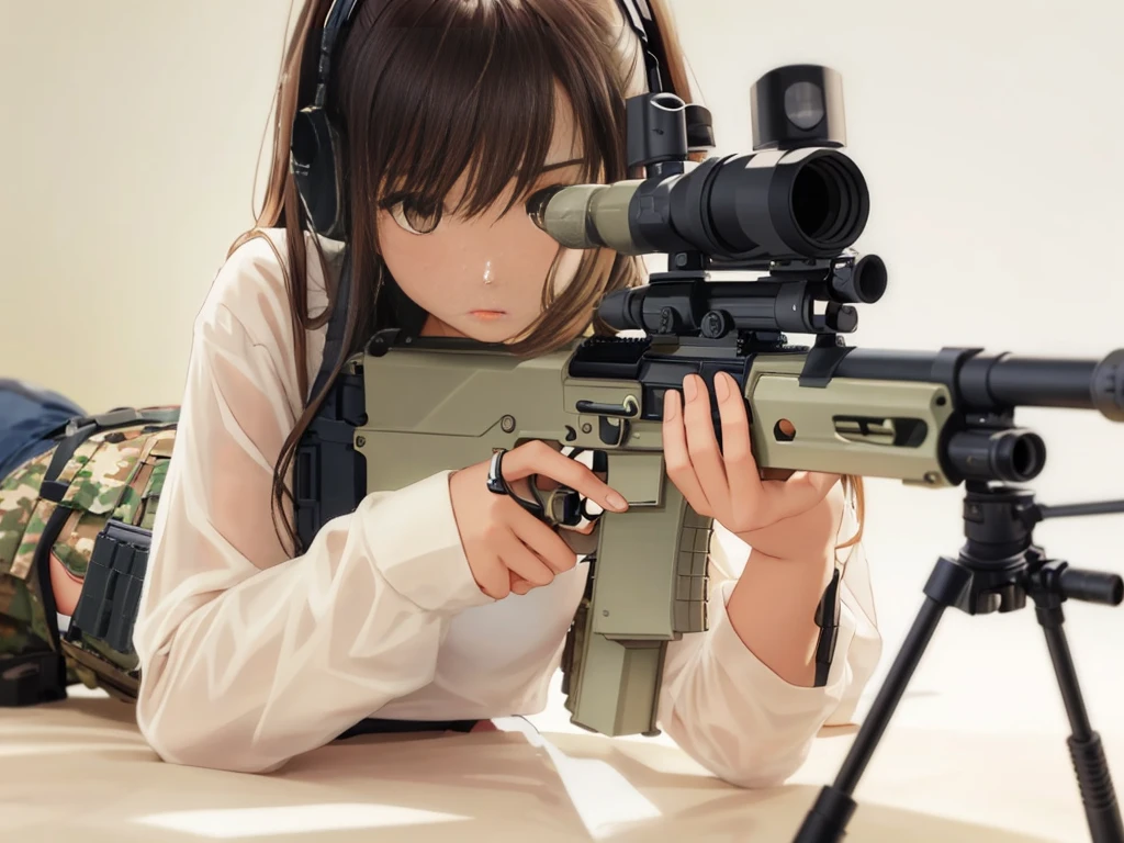 One Girl, alone, Long Hair, Brown Hair, Black Hair, belly button, Holding, arms, Shorts, abdomen, Holding arms, gun, military, Headphones, Holding gun, rifle, handgun, headset, Realistic, assault rifle, Camouflage, M4 carbine, Load-bearing vest,Wearing epTactical,tank,motorcycle