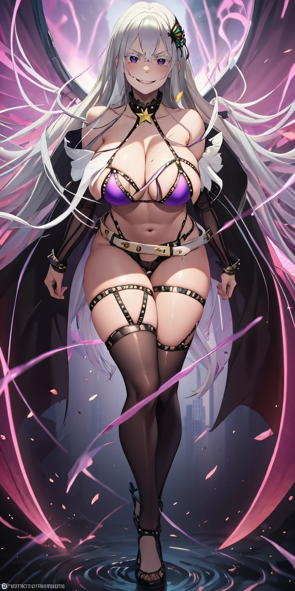 (long hair, silver hair:1.3), purple eyes, hair ornament, pale skin, anatomically correct, heavy breathing, huge breasts, mature female, best quality, masterpiece, high quality, high details, highres, HD, purple bikini, micro shorts, white belt, studded garter belt, navel, star hair ornament, "glow effects, godrays, Hand drawn, render, 8k, octane render, cinema 4d, blender, dark, atmospheric 4k ultra detailed, cinematic, Sharp focus, big depth of field, Masterpiece, colors, 3d octane render, 4k, concept art, trending on artstation, hyperrealistic, Vivid colors, extremely detailed CG unity 8k wallpaper, trending on CGSociety, Intricate, High Detail, dramatic", (shaded face:1.2), hollow eyes, purple eyes, looking at viewer, (heavy breathing:1.2), smirk, upper teeth, lips, glaring eyes,