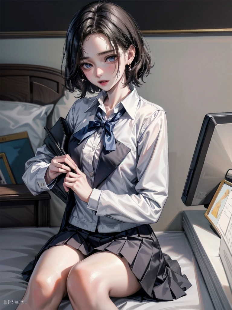 school_uniform, blazer, absurdres, RAW photo, extremely delicate and beautiful, masterpiece, Best Quality, ultra high resolution, 32k, hyperrealistic, ultra-detailed, detailed description, pale skin, 20 years old, tearful mole, earring, short medium hair, wavy hair, whole body shot,