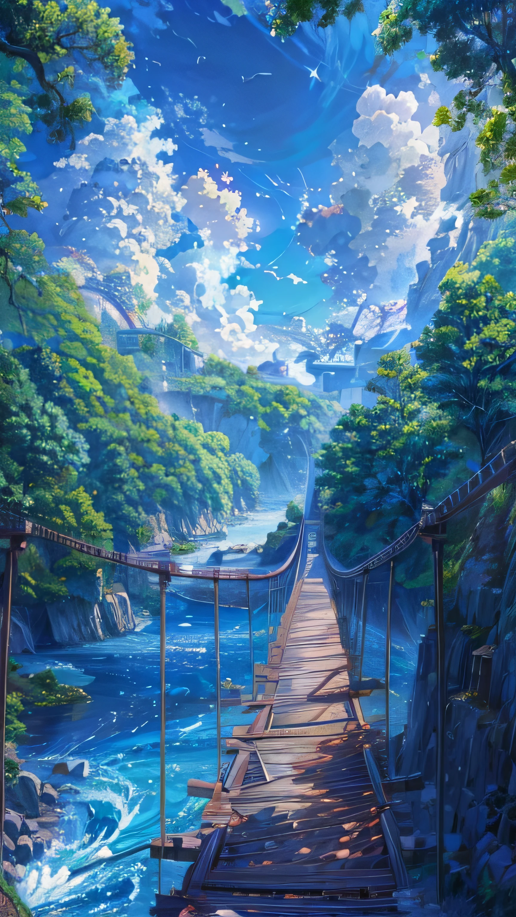 anime scenery of a bridge over a river with a sky background, beautiful anime scenery, anime landscape wallpaper, anime scenery, anime nature, anime nature wallpap, anime landscape, anime background art, anime background, anime beautiful peace scene, beautiful anime scene, wallpaper anime blue water, anime countryside landscape, detailed scenery —width 672, scenery artwork
