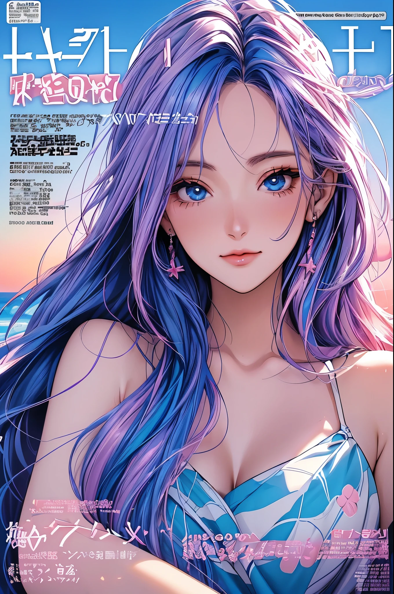 Woman in Greece portrait anime dark blue hair streaked pink purple hair blue eyes sunset hour realistic photography Beach House at Greek island animation realistic (magazine:1.35) (cover-style:1.3)