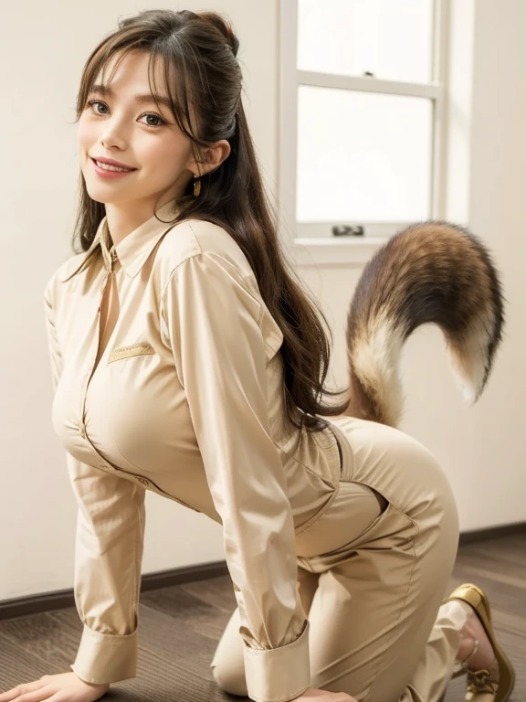 ((highest quality, 32k)), ((masterpiece)), (Familiar), Perfect Face, vixen, Pretty girl, Company Office, Has a tail, She has a northern fox tail., She stands up her fluffy tail, Dog collar, Beautiful hip line, Big Breasts, She wears a business suit, A big tail sticks out, smile, Climb on all fours, Nice body