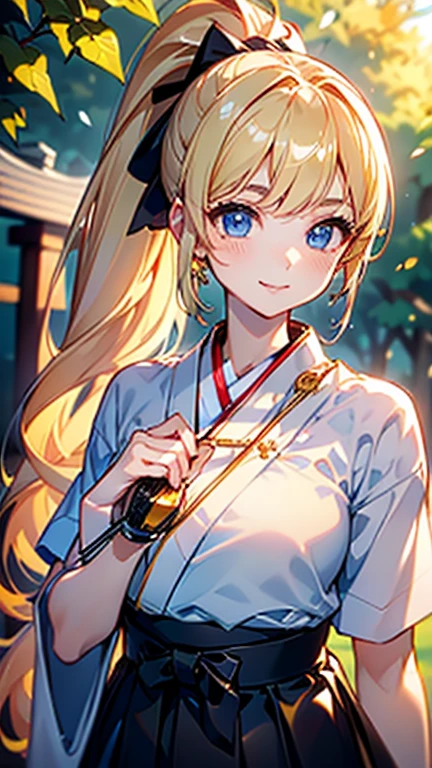 Best quality , masterpiece, Portrait、、Bright expression、ponytail、Young, shiny, white, glossy skin、Gloss Face、Shining Cheek Gloss、Small Face Beauty、The best beauty、The dazzling light of blonde hair、Bright blonde hair with dazzling highlights、Very beautiful shiny light blonde hair、super long silky straight hair、Her shiny, beautiful bangs are covering her eyes.、Sparkling, clear, attractive, bright, large, pale blue eyes、Very big eyes、eyeliner、very beautiful lovely cute girl、young girl, Ample Bust, upper body , (smile:1.2) , ((((Wearing white short sleeve attire, black hakama ,archery, Kyodo, ponytail )))),