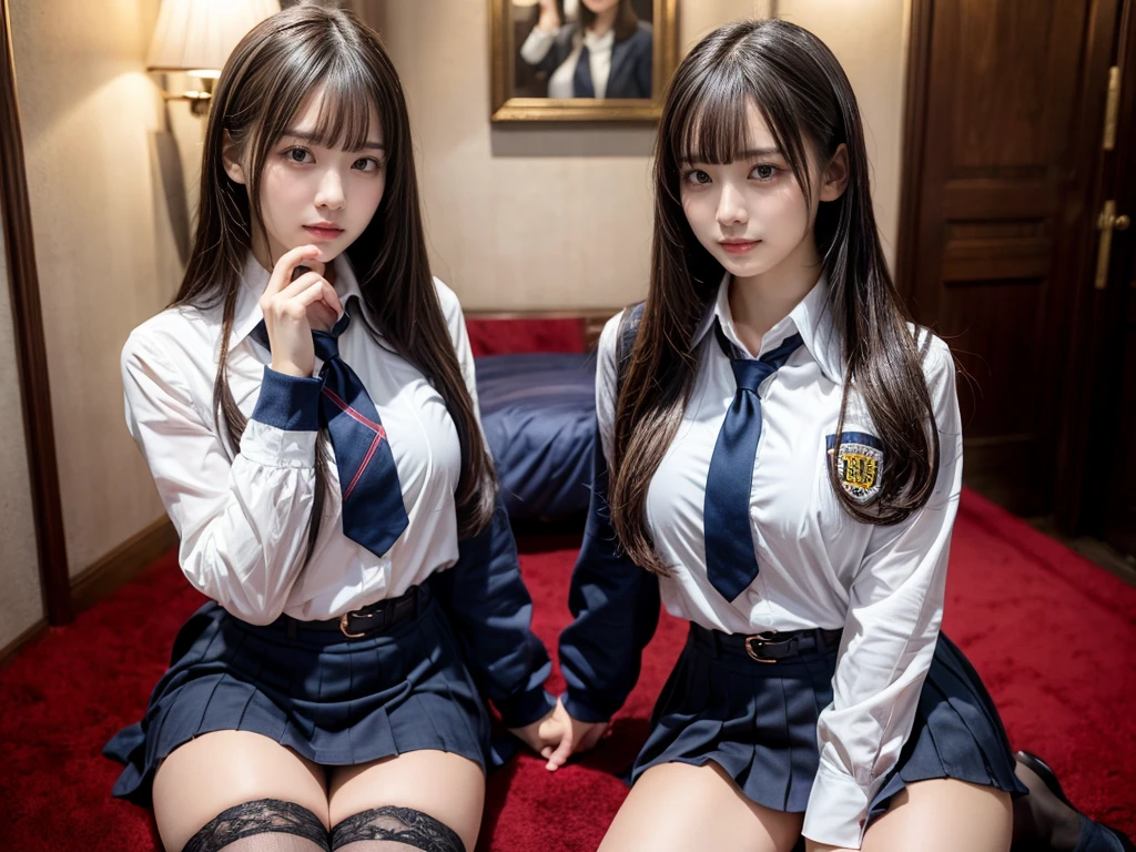 muster piece, best quality, illustration, Super detailed, fine details, High resolution, 8K,wall paper, perfect dynamic composition,(Details High quality, realistic depiction of eyes:1.3), ((2 girls, 2 schoolgirls)), The background is a luxury hotel room、High school girl uniform、blazer 、Super Short Check Uniform Skirt、Navy blue high socks、garterbelts、Colossal tits、Disturbed uniform, Play with each other,Touching each other's bodies,Touching the body of the girl next door, short bob hair, black hair color, huge breasts, Big Natural Color Lip, bold sexy pose, (perfect body shape), crying a little、cold gaze, Harajuku style、Beautiful makeup,glitter makeup,Cutest 18 years old, beautiful legs, hposing Gravure Idol, Voluptuous thighs