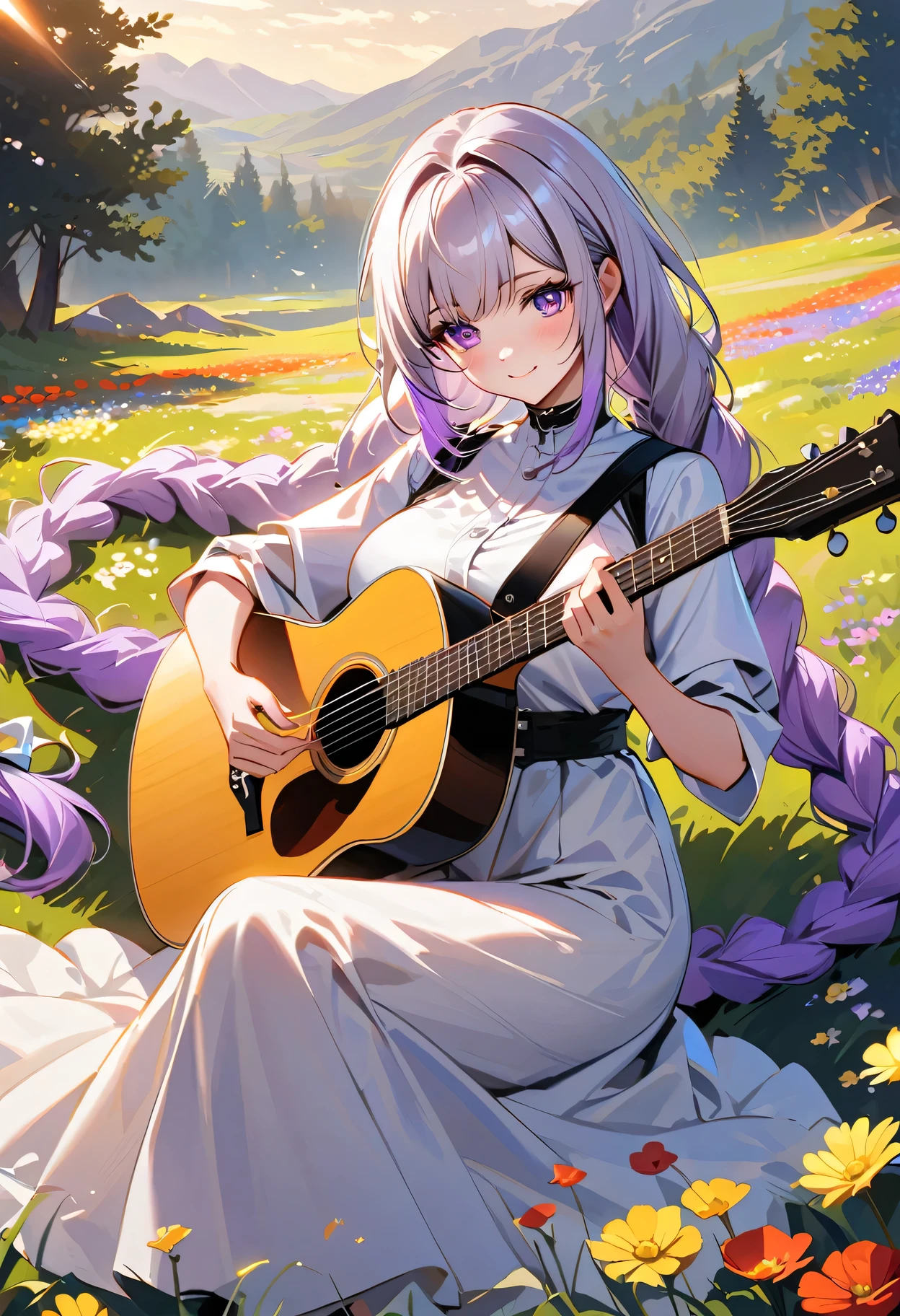 Evening sunset,A girl sitting on a vast field playing the guitar,yinji , purple hair,purple eyes,very long hair,grey hair,double braid,large breasts,gradient hair, Smile, Beautiful Face,The golden sunlight softly illuminates her face, highlighting her delicate features. The field is filled with colorful wildflowers, swaying gently in the breeze:1.1 vibrant red poppies, elegant purple lavender, and delicate yellow daisies. The girl's fingers gracefully glide along the guitar strings, producing melodic tunes that harmonize with the peaceful ambiance of nature. Her music resonates with the beauty of the surrounding landscape, creating a serene and captivating atmosphere. The warm sunlight casts long shadows on the ground, adding depth and dimension to the scene. The overall composition exudes a sense of tranquility and artistic elegance, capturing the essence of a poetic moment in time.