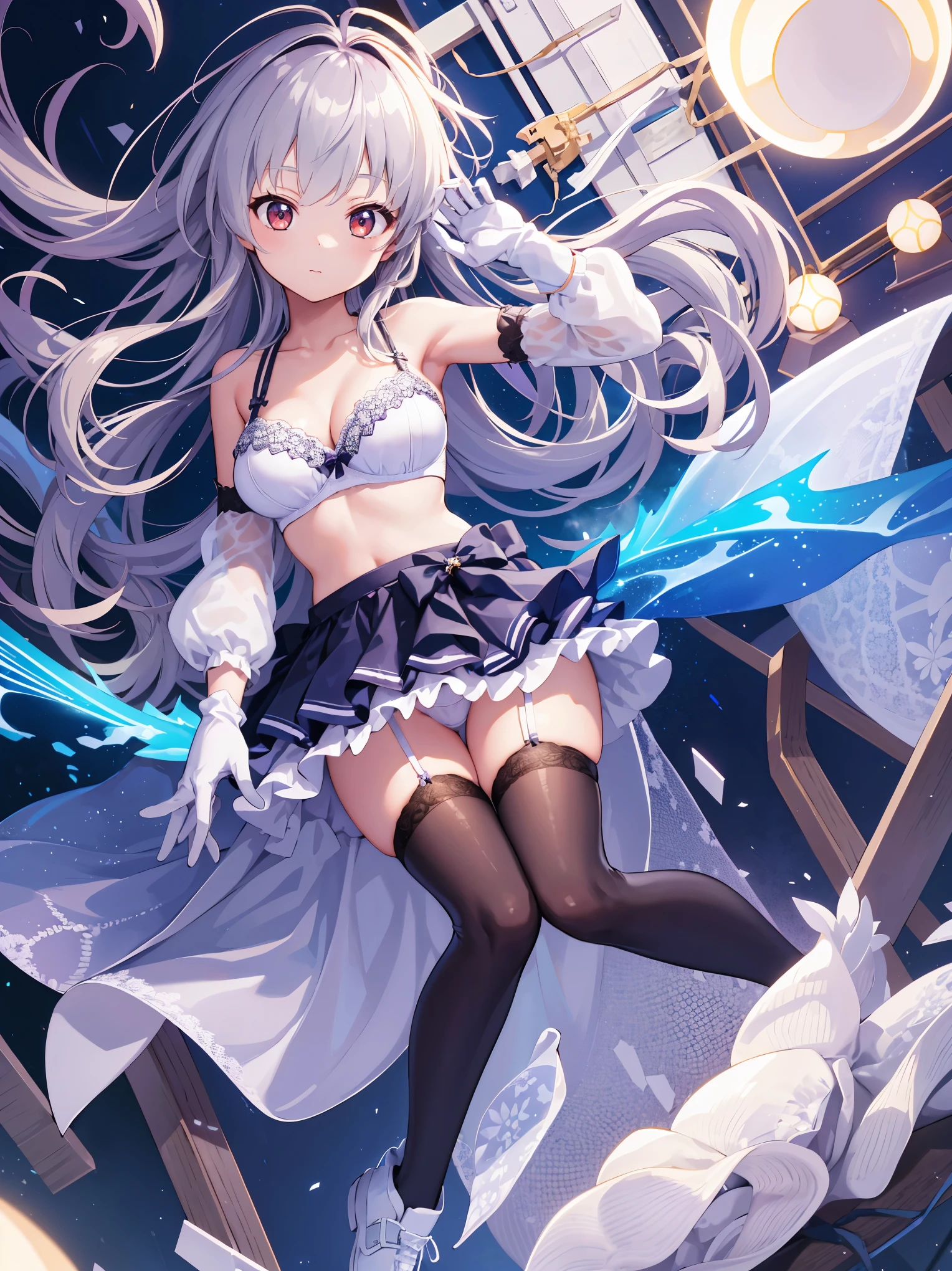 (1 girl),((high quality)), ((High resolution)), ((Very detailed)), (8k),(CG)、(Cute Bra)、(Cute Panties)、(Knee-high stockings)、Long Hand Gloves、Neutral white lighting,Sexy pose、Messy Hair、Hands behind the head、
