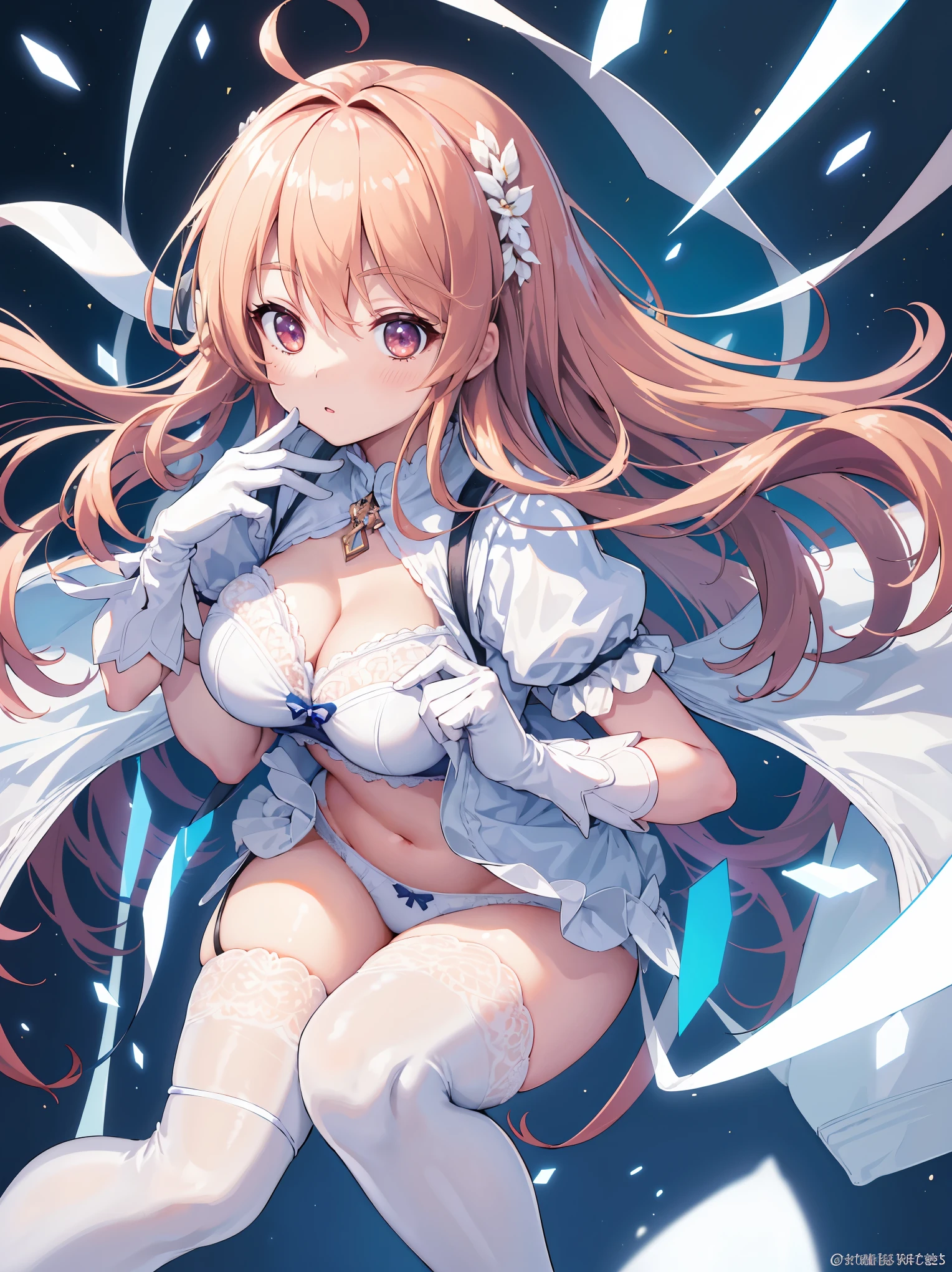 (1 girl),((high quality)), ((High resolution)), ((Very detailed)), (8k),(CG)、(Cute Bra)、(Cute Panties)、(Knee-high stockings)、Long Hand Gloves、Neutral white lighting,Sexy pose、Messy Hair、Hands behind the head、