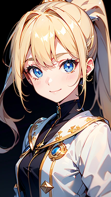 High quality, Best quality , masterpiece, Portrait、、Bright expression、ponytail、Young, shiny, white, glossy skin、Gloss Face、Shining Cheek Gloss、Small Face Beauty、The best beauty、The dazzling light of blonde hair、Bright blonde hair with dazzling highlights、Very beautiful shiny light blonde hair、super long silky straight hair、Her shiny, beautiful bangs are covering her eyes.、Sparkling, clear, attractive, bright, large, pale blue eyes、Very big eyes、eyeliner、very beautiful lovely cute girl、young girl, Ample Bust, upper body , (smile:1.2) , (((witch , ponytail )))),in castle ,huge breast , smile , each arms up