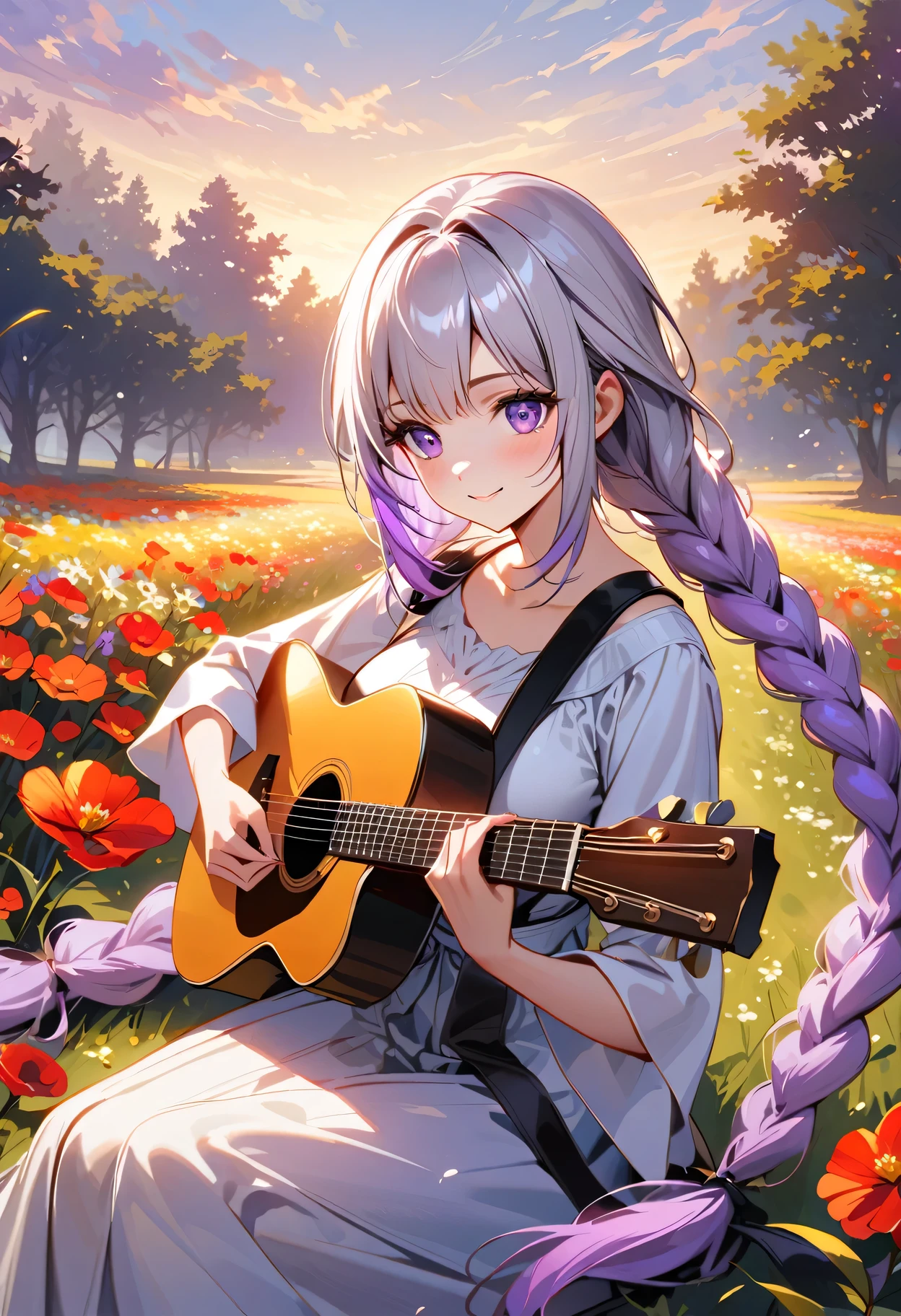 Evening sunset,A girl sitting on a vast field playing the guitar,yinji , purple hair,purple eyes,very long hair,grey hair,double braid,large breasts,gradient hair, Smile, Beautiful Face,The golden sunlight softly illuminates her face, highlighting her delicate features. The field is filled with colorful wildflowers, swaying gently in the breeze:1.1 vibrant red poppies, elegant purple lavender, and delicate yellow daisies. The girl's fingers gracefully glide along the guitar strings, producing melodic tunes that harmonize with the peaceful ambiance of nature. Her music resonates with the beauty of the surrounding landscape, creating a serene and captivating atmosphere. The warm sunlight casts long shadows on the ground, adding depth and dimension to the scene. The overall composition exudes a sense of tranquility and artistic elegance, capturing the essence of a poetic moment in time.