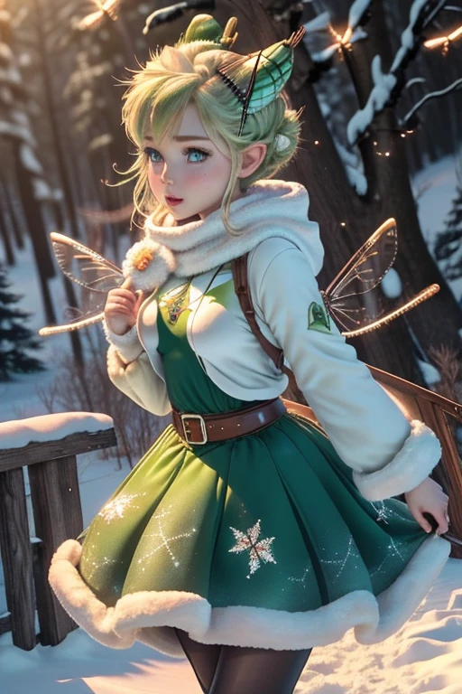 masterpiece, 8k, Perfect lighting, , Adult, woman, , Cinema Lighting, Cowboy Shot,  (Tinkerbell:1.5), (TinkerbellWaifu:1.1), Single hair bun, (緑のwinter用コート), (Green clothes), ((clothes made from leaves)), Pointy Ears, blue eyes, (fine grain:1.2), blush, ,(((上 空Fly))), (Fly:1.8), cloud, , winter, snow,  forest, island, 