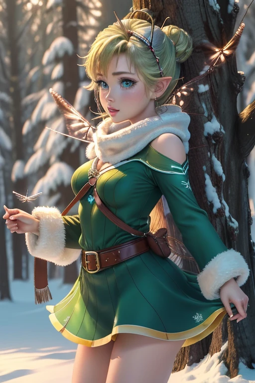 masterpiece, 8k, Perfect lighting, , Adult, woman, , Cinema Lighting, Cowboy Shot, (Tinkerbell:1.5), (TinkerbellWaifu:1.1), Single hair bun, (緑のwinter用コート), (Green clothes), ((clothes made from leaves)), Pointy Ears, blue eyes, (fine grain:1.2), blush, ,(((上 空Fly))), (Fly:1.8), cloud, , winter, snow, forest, island,