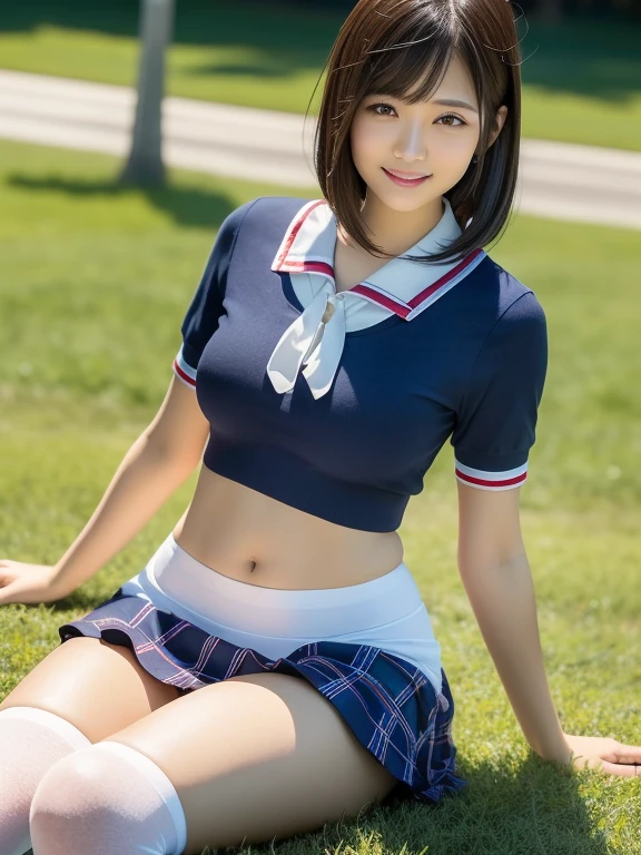 (Highest quality: 1.5), (Realistic: 1.5), (1 person: 1.5), Highly detailed, High resolution, 8k, Medium breasts, Natural colored lips, Cute smile, Japanese woman, 20 year old girl, Beautiful and graceful features, perfect and beautiful face, balanced big eyes, brunette eyes, beautiful and graceful features, natural double eyelids, natural bangs, beautiful thin nose, beautiful skin, medium bob hair, natural bangs , perfect and beautiful face, slim face and figure, summer blue sky, mountain grass park, look at the viewer, tight school sailor suit, (short sleeve school sailor suit), plaid pleated micro mini skirt, knee-high socks, Beautiful navel, open navel, wearing a school sailor uniform that shows the navel, high angle composition (looking at the camera with a sweet smile), bright lighting, professional lighting, forward lighting, beautiful legs: 1.2, smooth skin, slim body , slim waistline, slim thin thighs, (sitting on the grass), white clover blooming, cleavage,