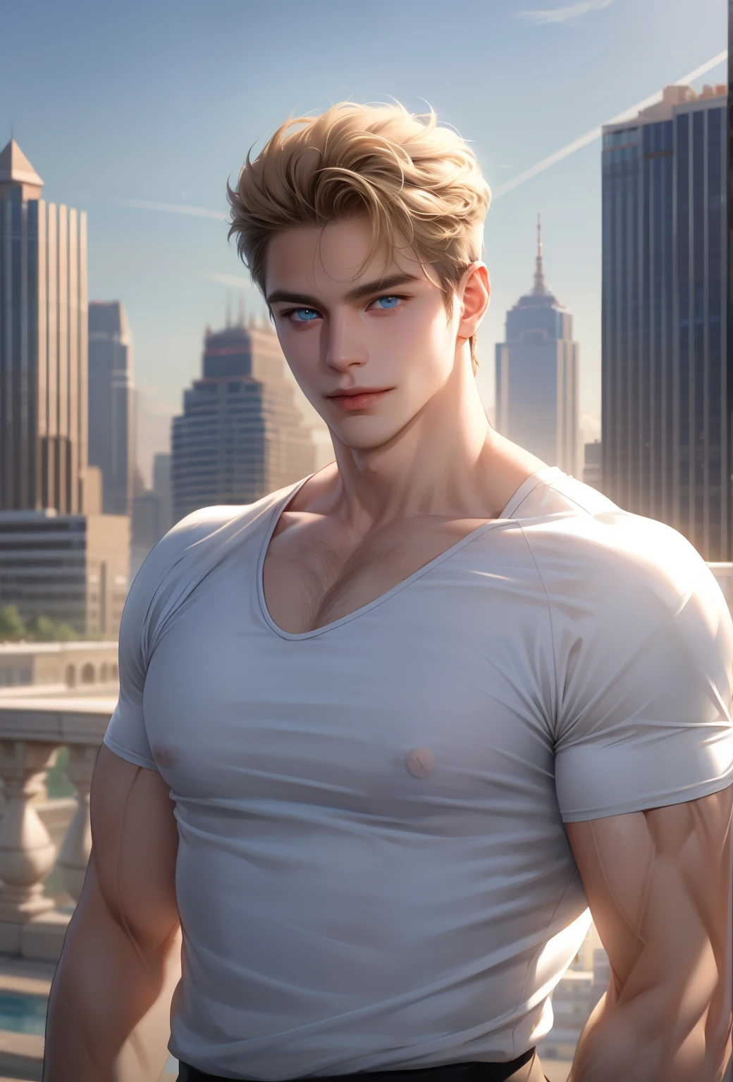 (masterpiece,best quality,ultra_detailed,highres,absurdres),1 mature male, 30-ish, (wide shoulder), (muscular), big body, male focus, solo, blue light eyes, blue light eyes color, upper body, short hair, blonde hair color, looking at viewer, flat face, parted lips, round eyewear, Masterpiece, high quality, best quality, HD, realistic, perfect lighting, detailed body, 1 man, white shirt, calm expression, in the construction background, smile face
