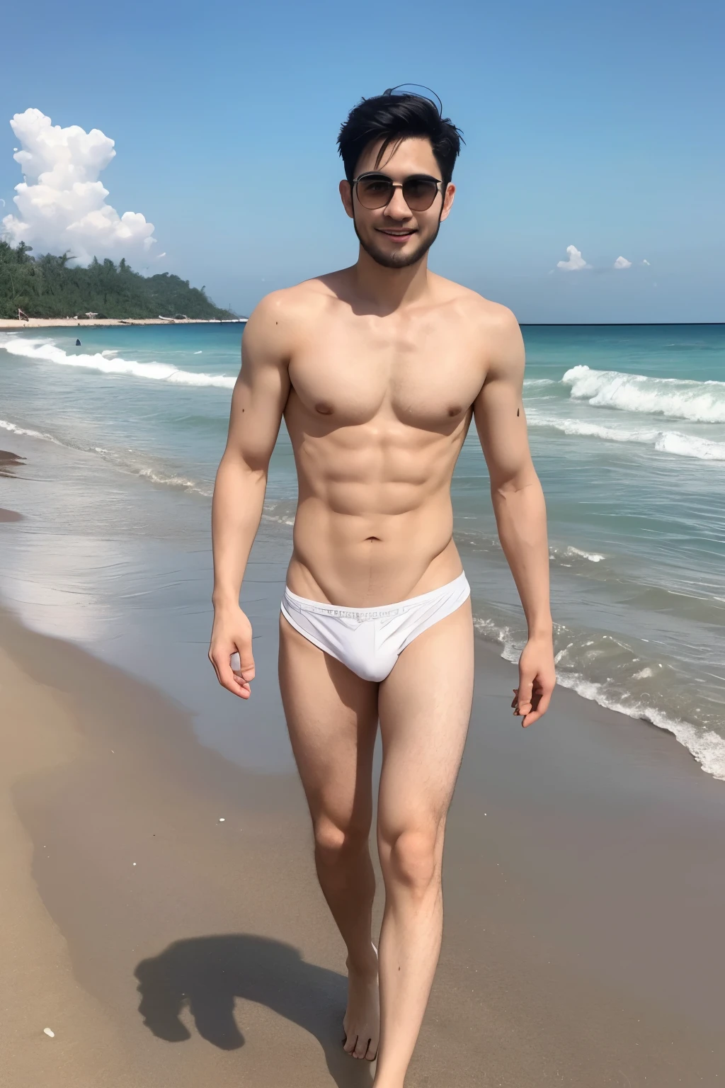 The most handsome Thai man, 30 years old, short hair, Height 180 cm, Not wearing a shirt, white skin,Slender figure, has belly hair,The chicken is the right size..,Walking along the beach on a hot sunny day