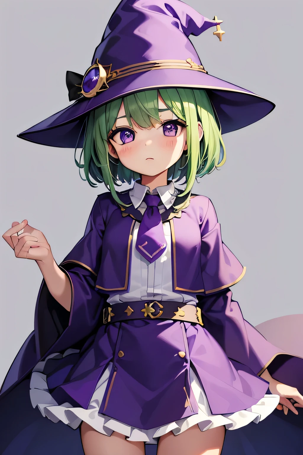 highest quality、Very delicate and beautiful、()、Beautiful eyes、Beautiful Eyes、Purple Eyes、Green Hair、Short-haired、(Purple Witch Hat)、Purple tie、I、Short sleeve、Purple Skirt,Purple Wizard Robe、belly button、standing、Facing forward