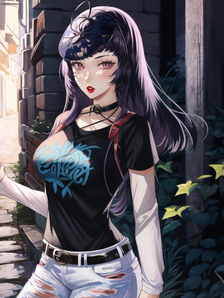 Ivy_fe, purple hair, 1girl, solo, black t-shirt, white shirt, blue jeans, belt, lipstick, large breasts