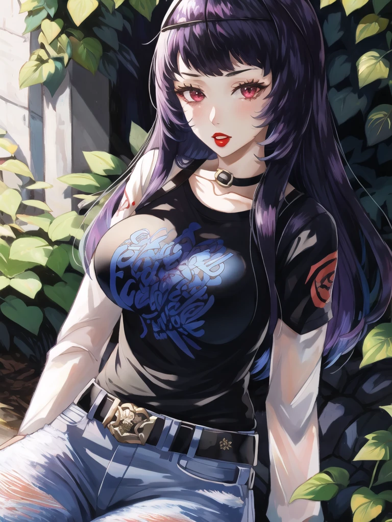 Ivy_fe, purple hair, 1girl, solo, black t-shirt, white shirt, blue jeans, belt, lipstick, large breasts