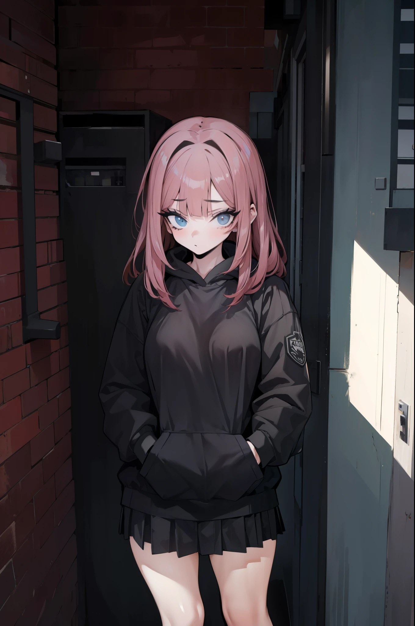(best quality,highres), 1woman, black tshirt, black hoodie, black skirt, night dark place, alleyway