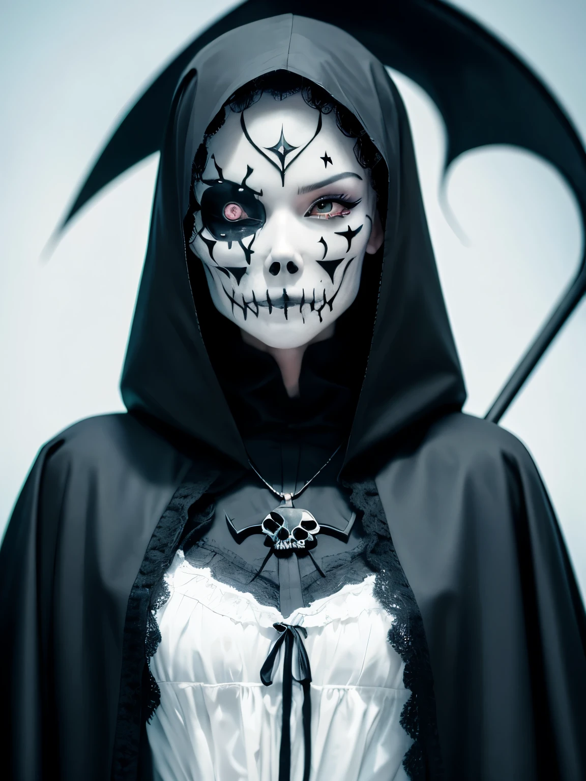 ((grim reaper)), ((Scythe)), (skull face paint), (white skin), gray hair, cinematic lighting, single_human_girl, extremely_detailed_eyes_and_face, church, annoyed, ink, illustration, depth of field, frown, expression, red_eyes, white_hair, extremely detailed, watercolor, anime face, skull_on_dress, detailed_skeleton_church, beautiful detailed black gothic Empire Waist Dress, dramatic_angle, bright_eyes, looking_at_viewers, close_to_viewers, masterpiece, messy_long_hair, lens_flare, light_leaks, ethereal, spectral, ghostly, shadowy, ominous, macabre, eerie, dark_aura, hooded_figure, cloaked, haunting, otherworldly, phantom, spectral_figure, deathly, ghoulish, supernatural, sinister, mystical, foreboding, chilling, enigmatic, spectral_light, ethereal_glow, haunting_presence, spectral_beauty, ghostly_figure, otherworldly_glow, sinister_grin, spectral_essence, haunting_eyes, dark_realm
