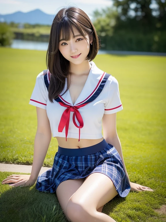 (Highest quality: 1.5), (Realistic: 1.5), (1 person: 1.5), Highly detailed, High resolution, 8k, Medium breasts, Natural colored lips, Cute smile, Japanese woman, 20 year old girl, Beautiful and graceful features, perfect and beautiful face, balanced big eyes, brunette eyes, beautiful and graceful features, natural double eyelids, natural bangs, beautiful thin nose, beautiful skin, medium bob hair, natural bangs , perfect and beautiful face, slim face and figure, summer blue sky, mountain grass park, look at the viewer, tight school sailor suit, (short sleeve school sailor suit), plaid pleated micro mini skirt, knee-high socks, Beautiful navel, open navel, wearing a school sailor uniform that shows the navel, high angle composition (looking at the camera with a sweet smile), bright lighting, professional lighting, forward lighting, beautiful legs: 1.2, smooth skin, slim body , slim waistline, slim thin thighs, (sitting on the grass), white clover blooming, cleavage,