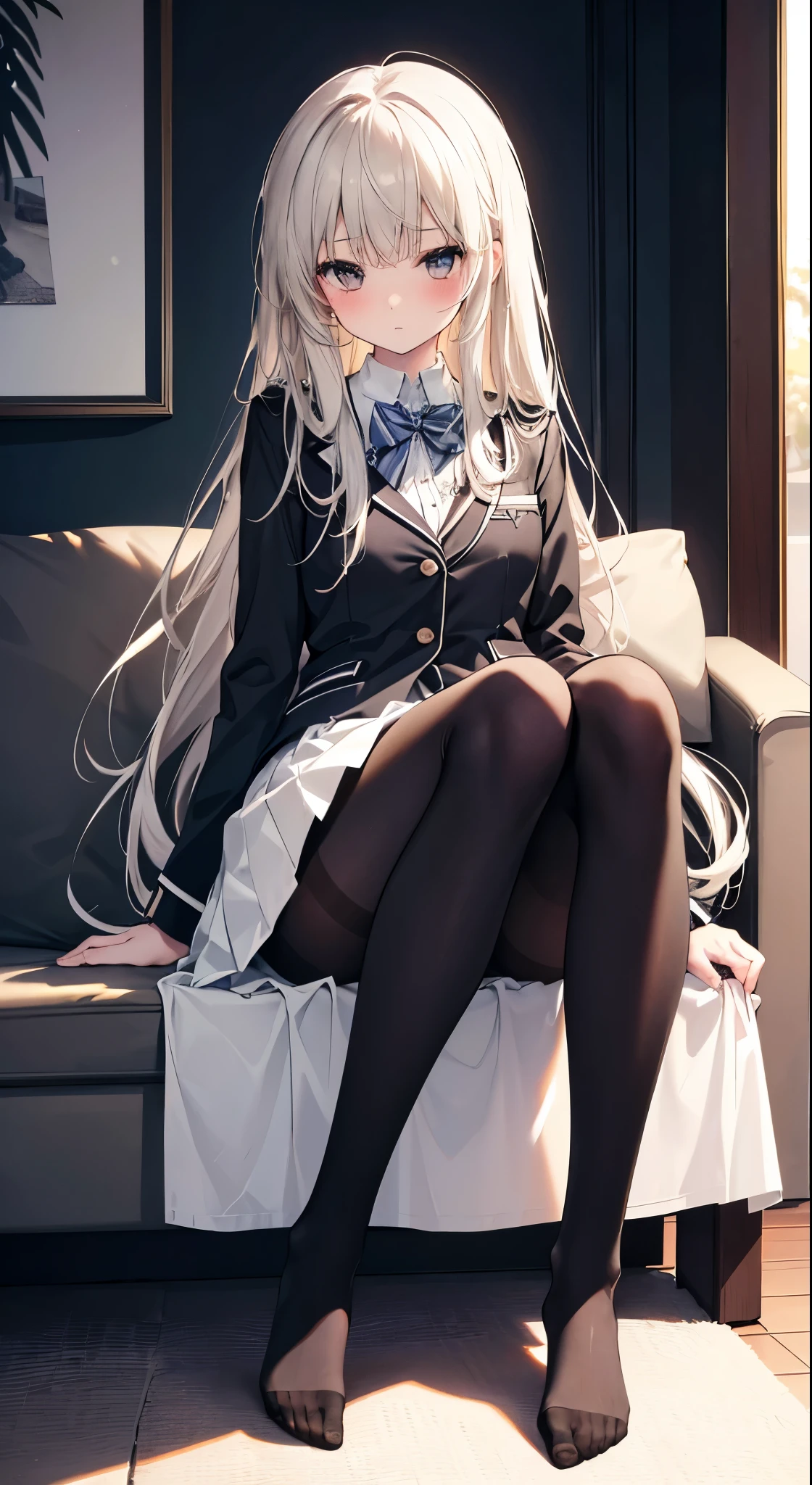 Top quality, masterpiece, High resolution, (Head to toe full body), front, frontやや下からの構図, Symmetric, Tall 18 year old girl, alone, (Head to toe), (Small breasts), Messy Hair, bangs, (black tights), (Black Pantyhose), (Sit with your legs apart), (Crouching pose), (A composition showing white panties), (her legs spread、White panties are visible.), (Sit on the floor with your legs spread), (M-shaped feet), Thin legs, A very beautiful and tall 18 year old girl, (No shoes), blush, Shy big eyes, looking at the camera, Blazer uniform, Checkered pleated skirt
