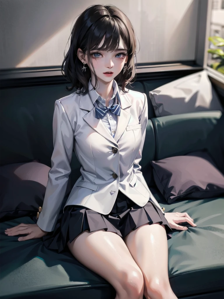 school_uniform, blazer, absurdres, RAW photo, extremely delicate and beautiful, masterpiece, Best Quality, ultra high resolution, 32k, hyperrealistic, ultra-detailed, detailed description, pale skin, 20 years old, tearful mole, earring, short medium hair, wavy hair, whole body shot,