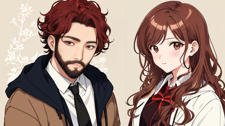 Hoshino Ai, illustration, drawing, look at the viewer, pair, White Male, brown hair and beard, woman with red and curly hair, bronze, top quality, a high resolution.