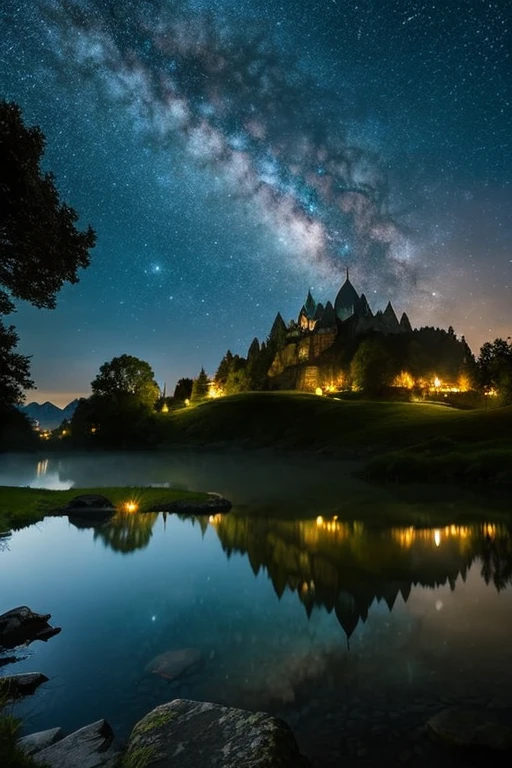 Lord of the Rings Rivendell、There are buildings on both sides of the river, connected by a bridge.、The building is a medieval castle、A beautiful night sky with countless shining stars, Shining Full Moon, And the Milky Way Galaxy stretches out on the horizon. The sky is clear and dark, Calm and relaxed atmosphere. In the foreground, There may be silhouettes of trees and mountains., and adding depth to the scene.