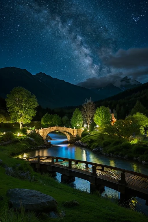 Lord of the Rings Rivendell、There are buildings on both sides of the river, connected by a bridge.、The building is a medieval castle、A beautiful night sky with countless shining stars, Shining Full Moon, And the Milky Way Galaxy stretches out on the horizon. The sky is clear and dark, Calm and relaxed atmosphere. In the foreground, There may be silhouettes of trees and mountains., and adding depth to the scene.