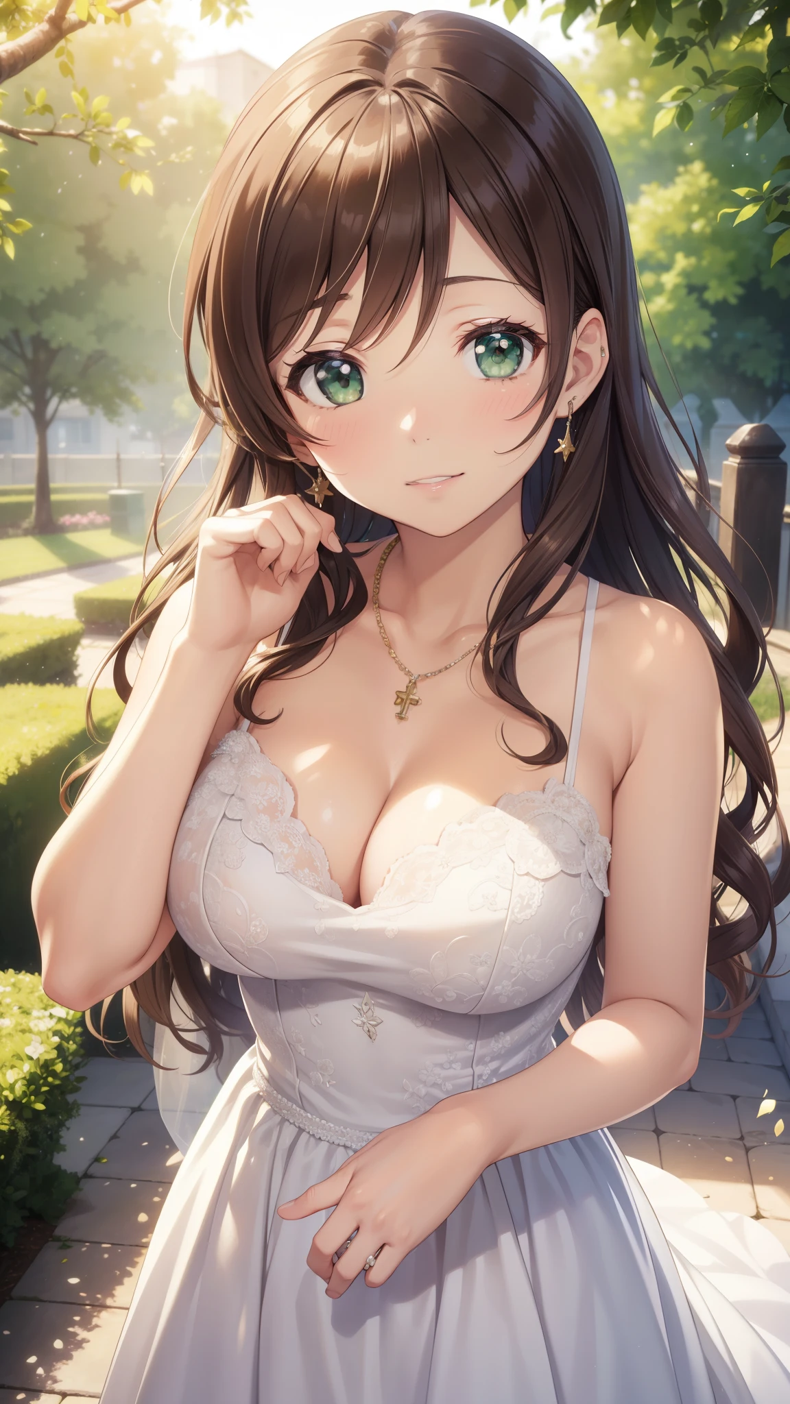 nozomitoujou, nozomi toujou, green eyes, brown hair, curly hair, large breasts, masterpiece, best quality, high resolution, beautiful detailed eyes, extremely detailed face, good lighting, detailed CG, messy hair, garden, light smile, v-neck wedding dress, necklace, jewelry, earring