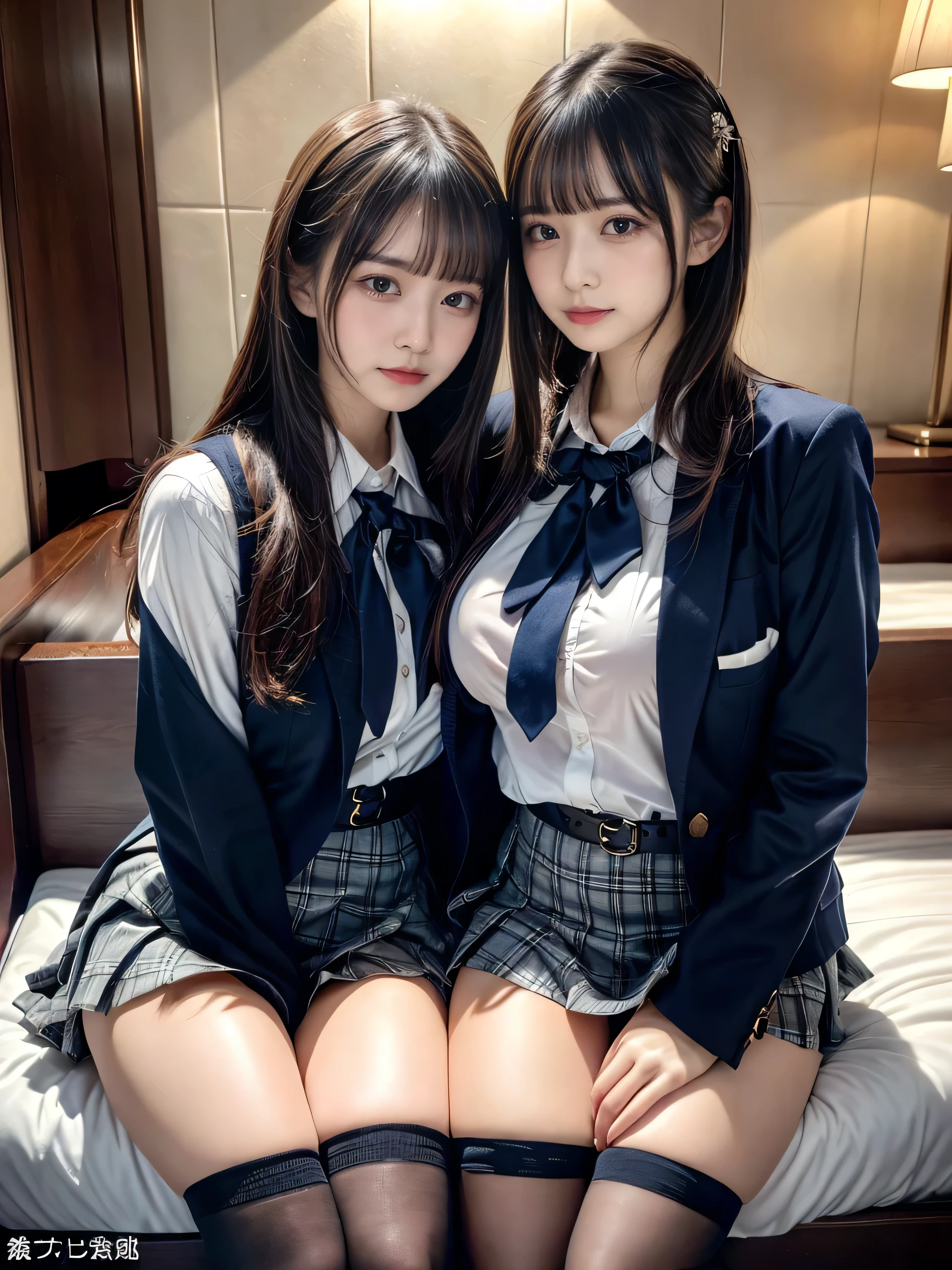 (8K, Raw photography, top-quality, masterpiece:1.2), muster piece, best quality, illustration, Super detailed, fine details, High resolution, 8K,wall paper, perfect dynamic composition,(Details High quality, realistic depiction of eyes:1.3), ((2 girls, 2 schoolgirls)), The background is a luxury hotel room、High school girl uniform、blazer 、Super Short Check Uniform Skirt、Navy blue high socks、garterbelts、Colossal tits、Disturbed uniform, Play with each other,Touching each other's bodies,Touching the body of the girl next door, short bob hair, black hair color, huge breasts, Big Natural Color Lip, bold sexy pose, (perfect body shape), crying a little、cold gaze, Harajuku style、Beautiful makeup,glitter makeup,Cutest 18 years old、 beautiful legs, hposing Gravure Idol, Voluptuous thighs