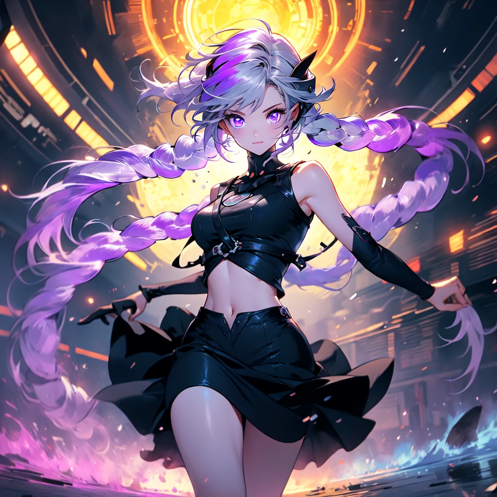 Movie Posters、Inji、1 girl、solo、Purple Eyes、Long Hair、Twin braids、The top of the head is milky white, and the hair goes down to purple gradation.、Multicolored Hair、Elbow Handbags、bangs、非常にLong Hair、Bare shoulders、Black Skirt、Gray Hair、dress、smile、Side cut-outs、Covered navel、Cut out the side、highest quality、Masterpiece、Official Art、16K、Super detailedな目、Super detailed、The best composition、Award-winning works、cyber punk、Vehicles of the Future、The speed of the vehicle、Purple light afterimage after running、