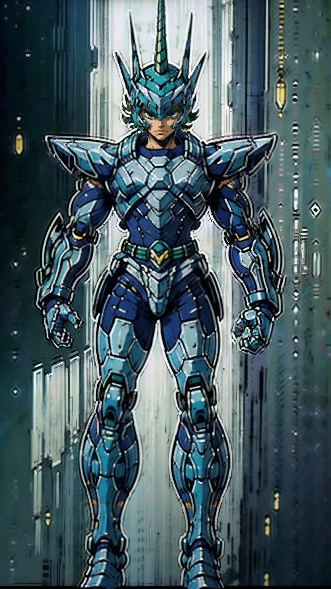 A man wearing a full-face helmet, a fantasy-style biotech armored combat suit, green eyes, (a composite layered chest armor), fully enclosed shoulder guards, matching arm and leg guards, the belt is adorned with Horseshoe-shaped marker, (the color scheme is primarily white with green accents), the design balances heavy with agility, a high-tech bio-mecha armor, (Armor Concept Inspired by Unicorn, stand on the top of a skyscraper in a futuristic sci-fi city), this character embodies a finely crafted fantasy-surreal style armored hero in anime style, exquisite and mature manga art style, (battle damage, element, plasma, energy, the armor glows), ((male:1.5)), metallic, real texture material, dramatic, high definition, best quality, highres, ultra-detailed, ultra-fine painting, extremely delicate, professional, perfect body proportions, golden ratio, anatomically correct, symmetrical face, extremely detailed eyes and face, high quality eyes, creativity, RAW photo, UHD, 32k, Natural light, cinematic lighting, masterpiece-anatomy-perfect, masterpiece:1.5