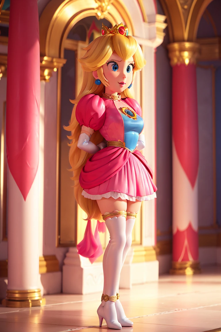 (Inside a doungeon),  A  Princess Peach wearing a beautiful hot pink dress, she is over 6 feet tall and wears a golden crown atop her blond hair and white gloves , ((full model view, full body view, complete shot)), ((she is showing off her full dress)), ((peach wearing a mask otn gag ), (latex mask)), ((tight mask)), ((bondage, arms behind back:1.4)), standing, standing up