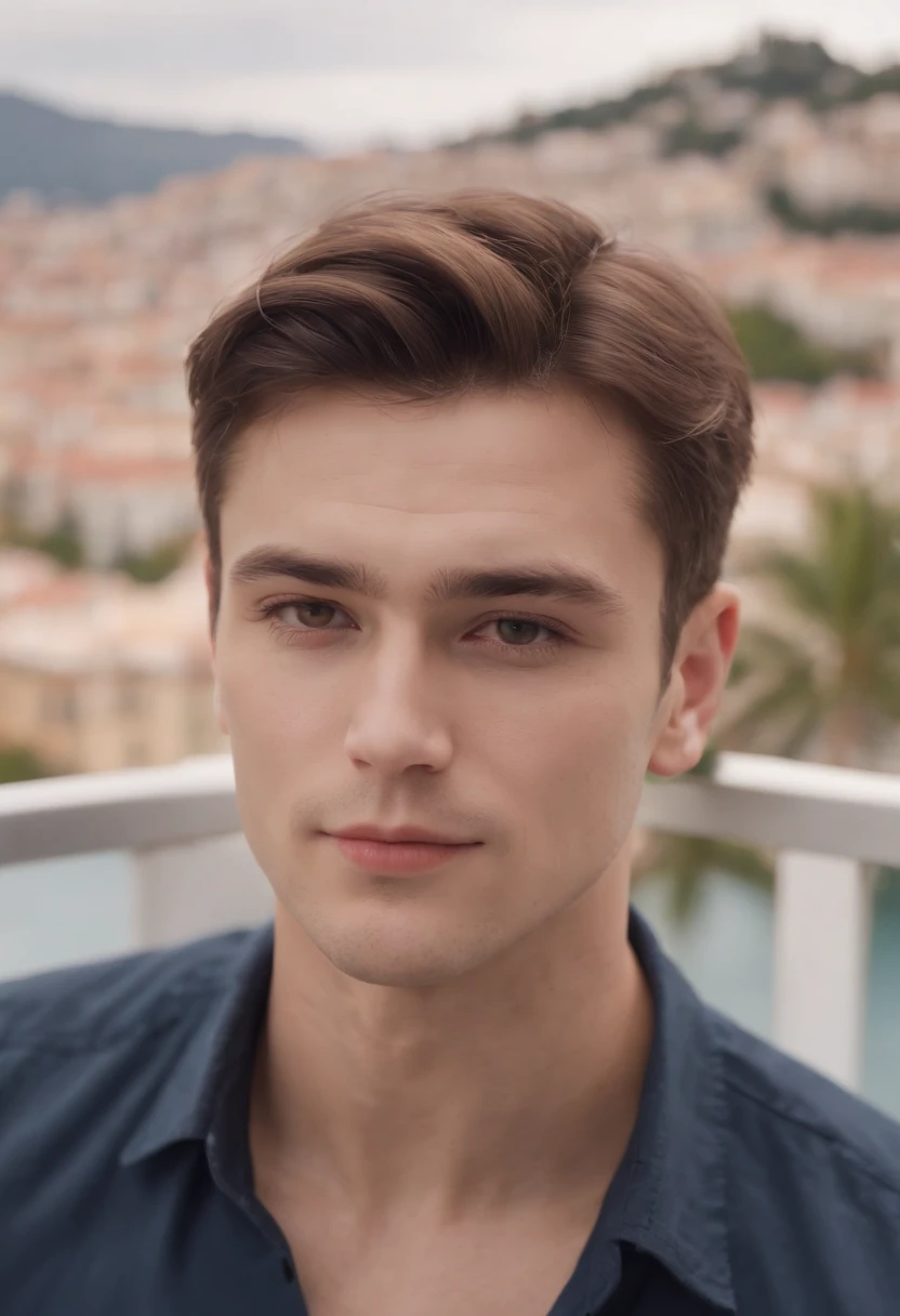 round Faceshape,small lips,round dimple chin, thick eyebrows,almond shape eyes,(best quality,4k,realistic),(24-year-old),(boy),(wearing),(old money style),(navy blue shirt),(light color trouser),(aesthetic body),(standing),(on the balcony),(besides),(the view of monaco)