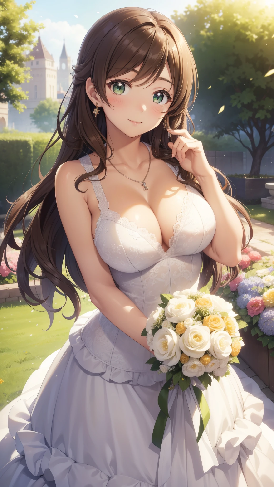 nozomitoujou, nozomi toujou, green eyes, brown hair, curly hair, large breasts, masterpiece, best quality, high resolution, beautiful detailed eyes, extremely detailed face, good lighting, detailed CG, messy hair, garden, light smile, v-neck wedding dress, necklace, jewelry, earring