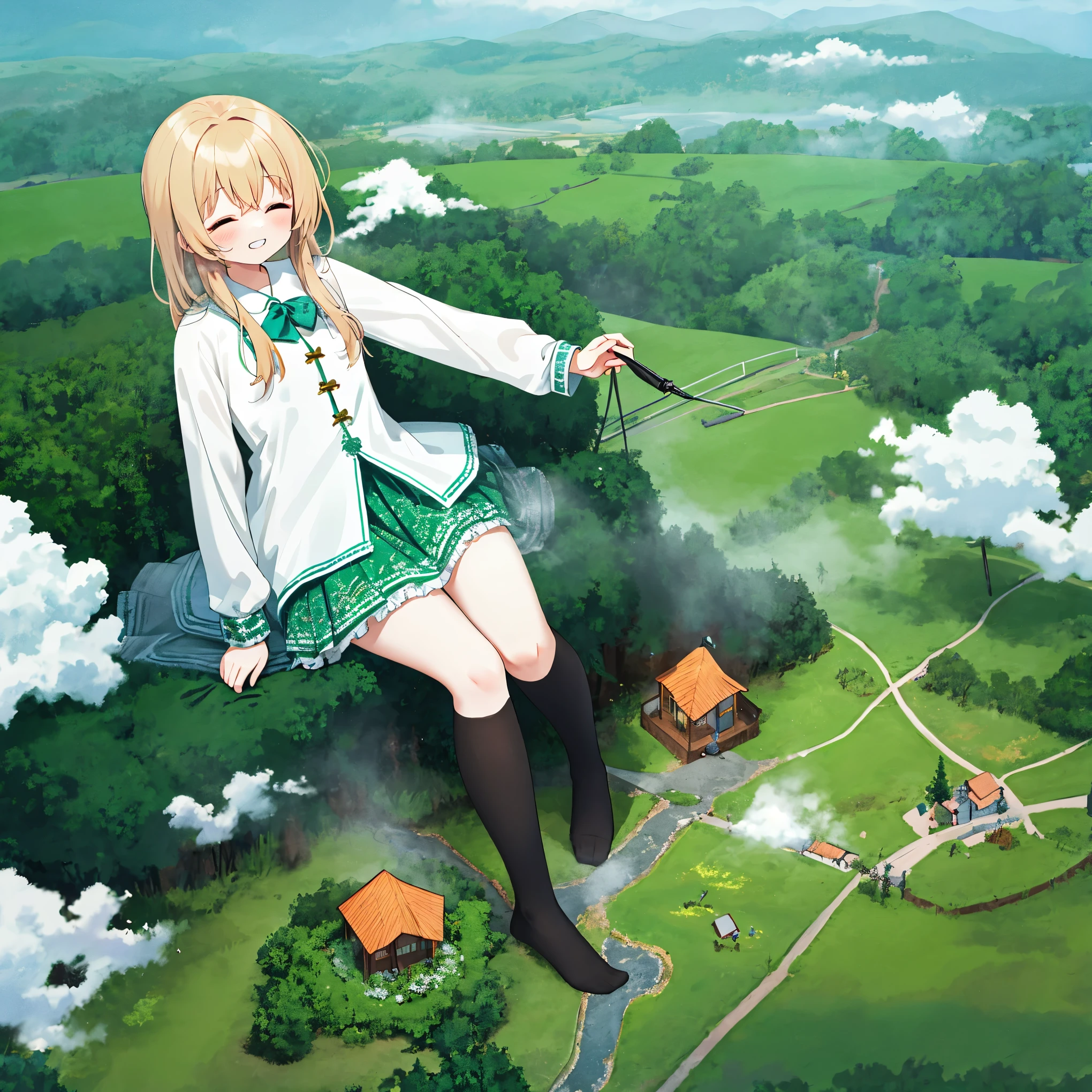 ,cloud, at a forest,mountain ranges,koyama, tmasterpiece, Best quality, The content is very detailed,tmasterpiece,Best quality,offcial art,extremely detaild的 CG unified 8k wallpapers,{{{A giantess}}},Huge girl,100 meters tall girl,1个Giant Breast Girl,Miniature village,without wearing shoes,Grinning,Sitting in the forest ,Steam coming out of feet,