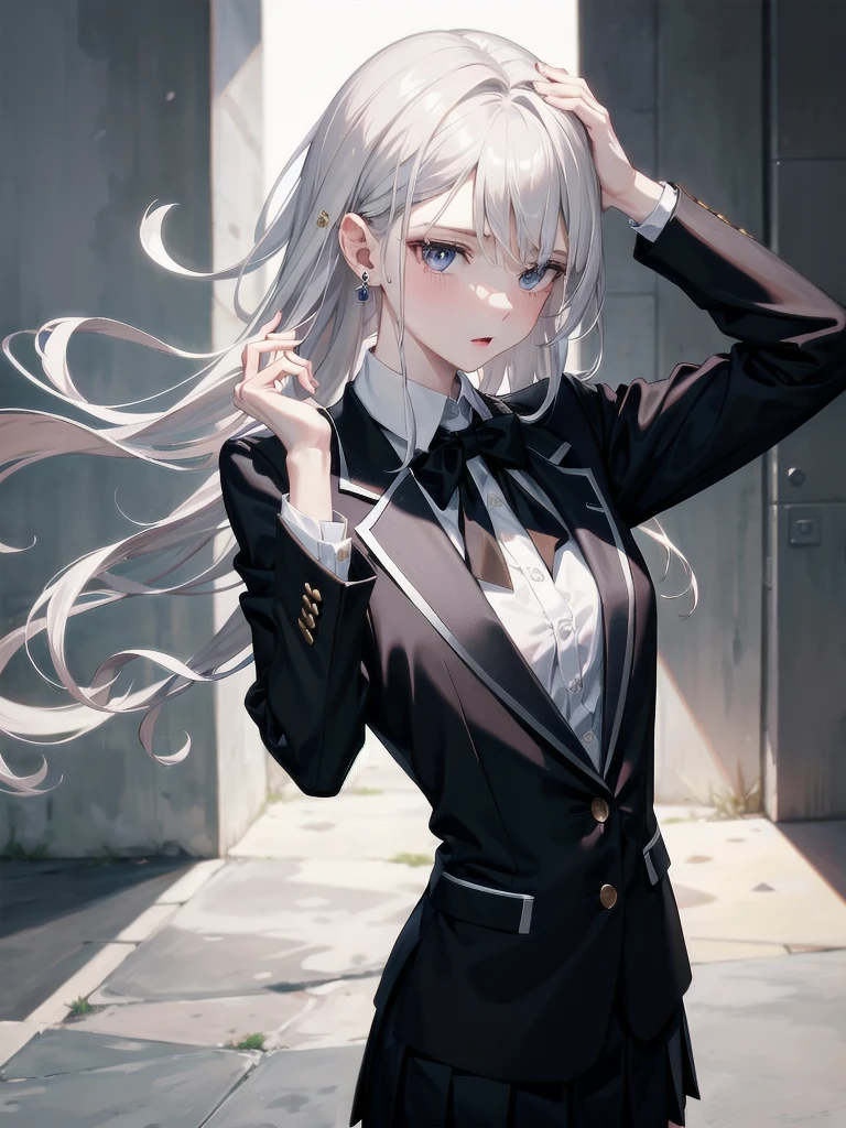 school_uniform, blazer, absurdres, RAW photo, extremely delicate and beautiful, masterpiece, Best Quality, ultra high resolution, 32k, hyperrealistic, ultra-detailed, detailed description, pale skin, 20 years old, tearful mole, earring, short medium hair, wavy hair, whole body shot,