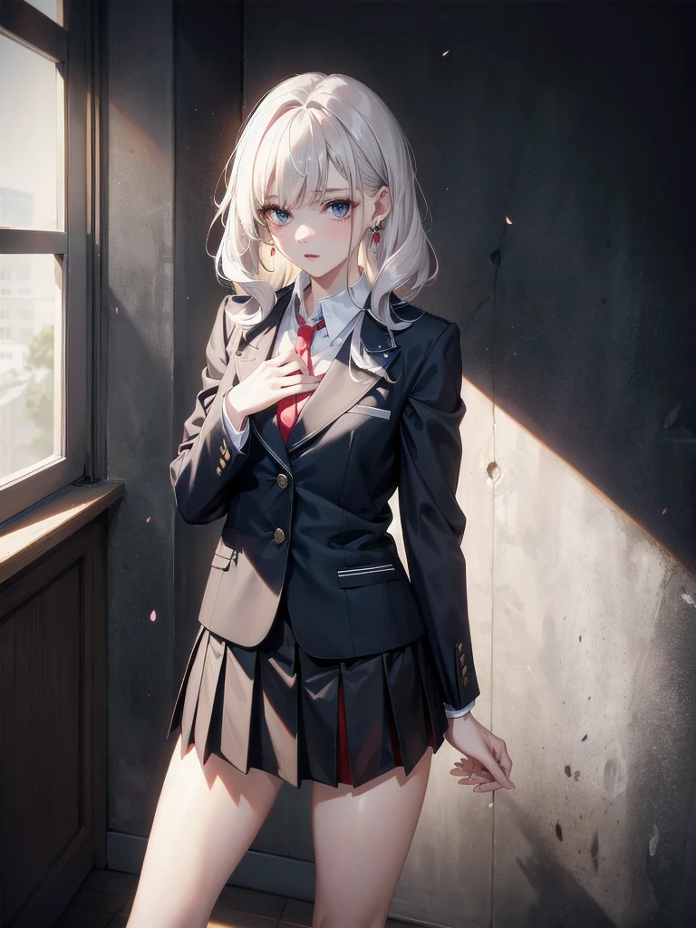 school_uniform, blazer, absurdres, RAW photo, extremely delicate and beautiful, masterpiece, Best Quality, ultra high resolution, 32k, hyperrealistic, ultra-detailed, detailed description, pale skin, 20 years old, tearful mole, earring, short medium hair, wavy hair, whole body shot,