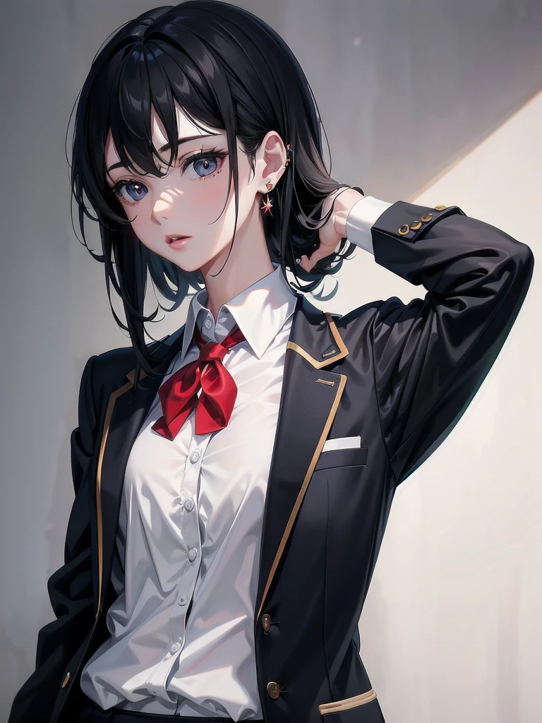 school_uniform, blazer, absurdres, RAW photo, extremely delicate and beautiful, masterpiece, Best Quality, ultra high resolution, 32k, hyperrealistic, ultra-detailed, detailed description, pale skin, 20 years old, tearful mole, earring, short medium hair, wavy hair, whole body shot,