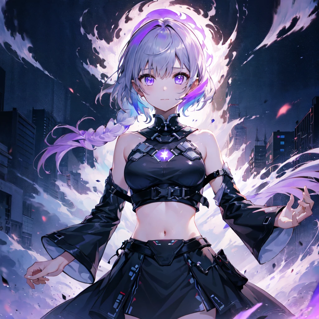Movie Posters、Inji、1 girl、solo、Purple Eyes、Long Hair、Twin braids、The top of the head is milky white, and the hair goes down to purple gradation.、Multicolored Hair、Elbow Handbags、bangs、非常にLong Hair、Bare shoulders、Black Skirt、Gray Hair、dress、smile、Side cut-outs、Covered navel、Cut out the side、highest quality、Masterpiece、Official Art、16K、Super detailedな目、Super detailed、The best composition、Award-winning works、cyber punk、Vehicles of the Future、The speed of the vehicle、Purple light afterimage after running、